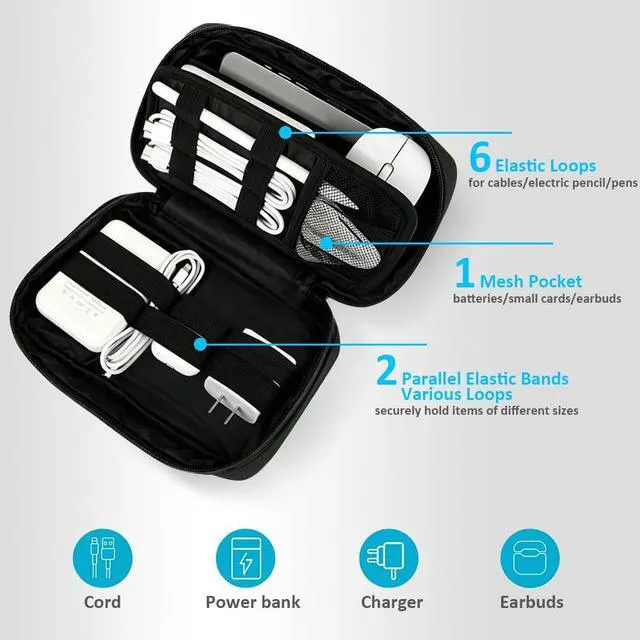 Alt view image 4 of 7 - Travel Cable Organizer Bag, Medium Tech Pouch for Electronics, Black | Two Zippers & Multiple Storage Pockets, Water-Repellent Oxford, All-in-One Tech Bag for Electronic & Travel Accessories