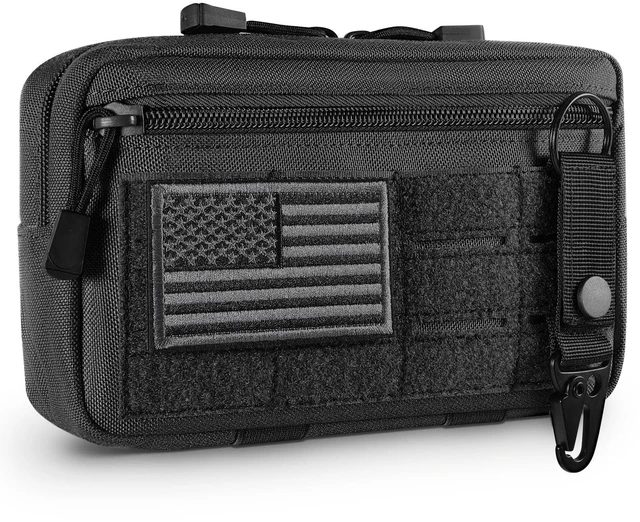 Main image of Tactical Molle Admin Pouch Utility Laser Cut EDC Tool Pouch Bag Horizontal Modular Pouches Include US Flag Patch and Keychain (Black)