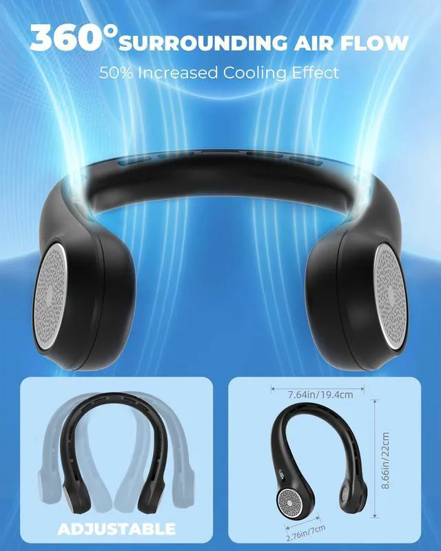 Alt view image 4 of 7 - Neck Fan with 4000mAh Rechargeable Battery & LED Display, Portable Personal Cooler for Women/Men, 3-Speed Bladeless 360° Cooling Fans, Stylish Gift for Gym/Travel/Office, Black