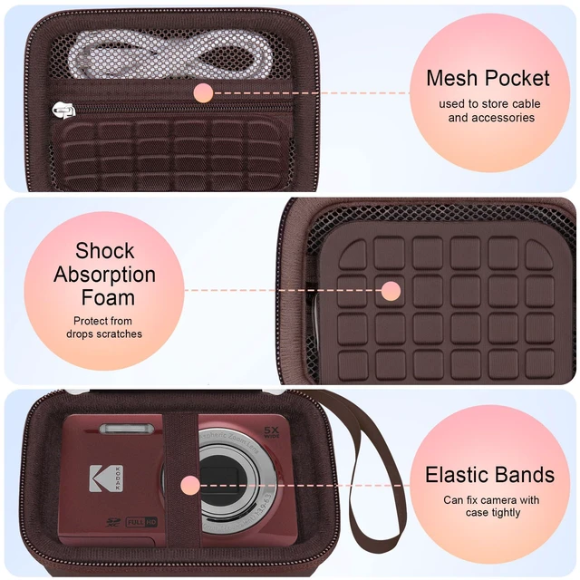 Alt view image 3 of 7 - Camera Carrying Case for KODAK PIXPRO FZ45/ FZ55 Digital Camera | Compact Camera Case, Hard Bag, with Mesh Pocket Wrist Strap Double Zipper, for Vlogging, Travel Protective Storage, Brown