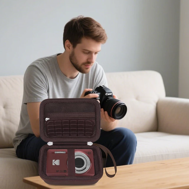 Alt view image 7 of 7 - Camera Carrying Case for KODAK PIXPRO FZ45/ FZ55 Digital Camera | Compact Camera Case, Hard Bag, with Mesh Pocket Wrist Strap Double Zipper, for Vlogging, Travel Protective Storage, Brown