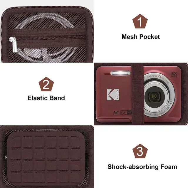 Alt view image 6 of 7 - Carrying Case for Kodak PIXPRO FZ55/ FZ45 16MP Digital Camera, Brown | For Kodak FZ45/ FZ55/ FZ53/ FZ43 Compact Camera Bag, Mesh Pocket fit Cable, Case Only