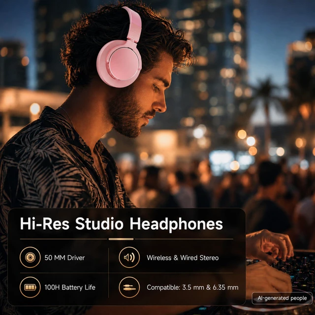 Alt view image 2 of 7 - Wireless Over Ear Headphones, 1/4" to 3.5mm Jack for DJ, Mixing, Recording | 50mm Drivers, 100H Playtime, Bluetooth 5.4, Hi-Fi Sound, Self-Monitoring, 90° Swivel Ear Cups, Pink