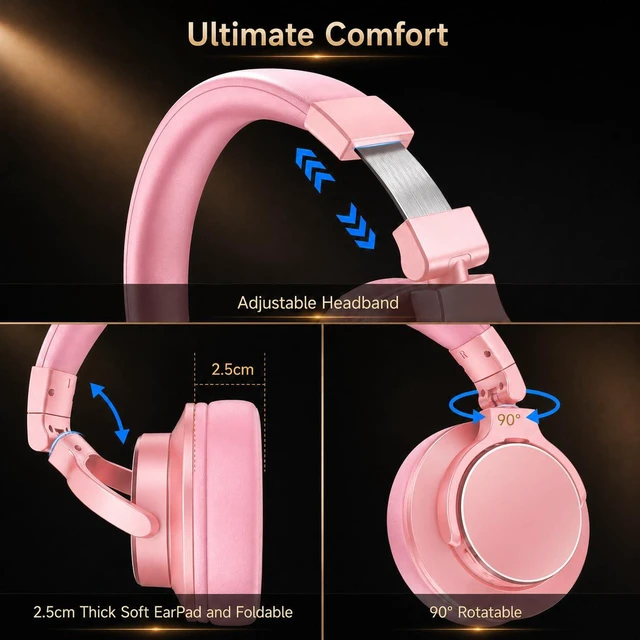 Alt view image 3 of 7 - Wireless Over Ear Headphones, 1/4" to 3.5mm Jack for DJ, Mixing, Recording | 50mm Drivers, 100H Playtime, Bluetooth 5.4, Hi-Fi Sound, Self-Monitoring, 90° Swivel Ear Cups, Pink