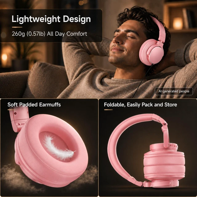 Alt view image 4 of 7 - Wireless Over Ear Headphones, 1/4" to 3.5mm Jack for DJ, Mixing, Recording | 50mm Drivers, 100H Playtime, Bluetooth 5.4, Hi-Fi Sound, Self-Monitoring, 90° Swivel Ear Cups, Pink