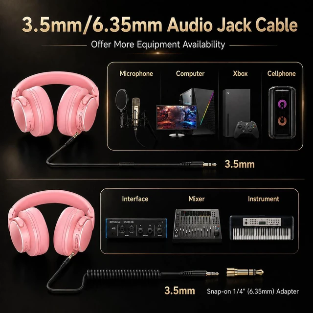 Alt view image 6 of 7 - Wireless Over Ear Headphones, 1/4" to 3.5mm Jack for DJ, Mixing, Recording | 50mm Drivers, 100H Playtime, Bluetooth 5.4, Hi-Fi Sound, Self-Monitoring, 90° Swivel Ear Cups, Pink