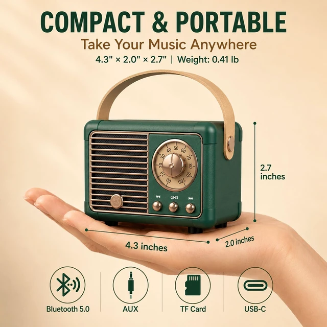 Alt view image 3 of 7 - Retro Bluetooth Speaker,Vintage Decor,Small Gift for Women Men Green Portable mini wireless radio old fashion style for kitchen desk bedroom office travel accessories gifts for women teen girls