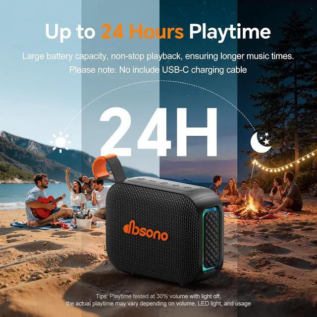 Alt view image 4 of 7 - Portable Bluetooth Speaker Line-in Support: IPX5 Waterproof, Black | Up to 24H Playtime, HD Sound, TWS Pairing, LED Light, Outdoor Speaker for Beach, Pool, Travel, School Supplies for Adult Teen