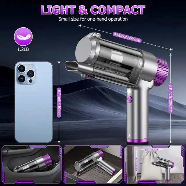 Alt view image 7 of 7 - 16000PA Handheld Car Vacuum Cleaner Cordless Rechargeable | 4-in-1 Portable Mini Vacuum & Air Duster with Multi-Nozzles & LED Light, Hand Held Vacuum Cordless Rechargeable for Car Home