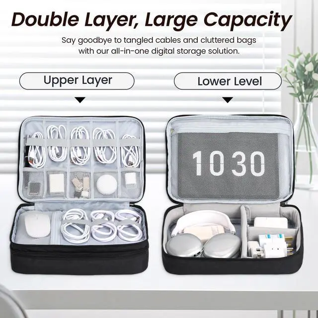 Alt view image 5 of 7 - Electronic Organizer Travel Case, Double Layer Cable Organizer Bag | Travel Tech Organizer with Handle, Stores Cables, Chargers, Power Bank, Hard Drive & More, Great Gift