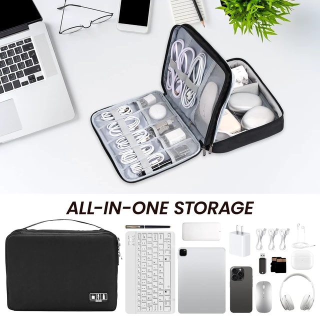 Alt view image 7 of 7 - Electronic Organizer Travel Case, Double Layer Cable Organizer Bag | Travel Tech Organizer with Handle, Stores Cables, Chargers, Power Bank, Hard Drive & More, Great Gift