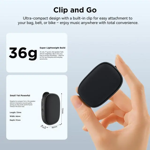 Alt view image 4 of 7 - Clip-On Mini Bluetooth Speaker | 6W Power Magnetic Body Built-in Mic Stereo Pairing IPX5 Waterproof 6H Playtime Outdoor Camping Running Travel Work