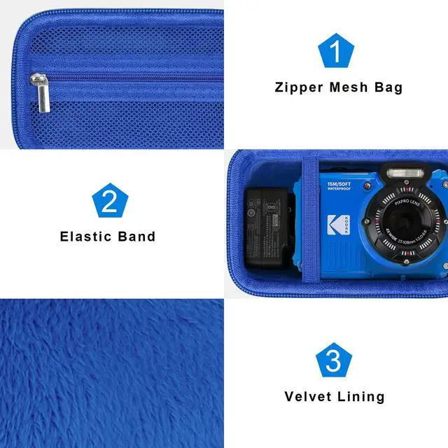 Alt view image 5 of 7 - Carrying Case for Kodak PIXPRO WPZ2 Rugged Waterproof Digital Camera | WPZ2 Underwater Photography Camera Bag, Mesh Pocket fits USB Cable, Battery, Adapter, Blue (Case Only)