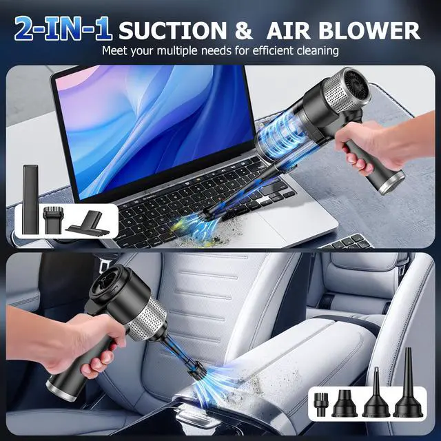 Alt view image 3 of 7 - Handheld Car Vacuum Cleaner Cordless, 16000PA Hand Held Vacuum Portable, 2 in 1 Air Duster and Mini Vacuum Cleaner Rechargeable with LED, Multi-Nozzles & Washable Filters for Home Office Car Pet