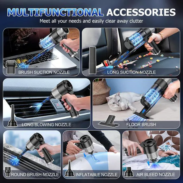 Alt view image 4 of 7 - Handheld Car Vacuum Cleaner Cordless, 16000PA Hand Held Vacuum Portable, 2 in 1 Air Duster and Mini Vacuum Cleaner Rechargeable with LED, Multi-Nozzles & Washable Filters for Home Office Car Pet