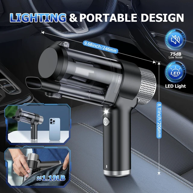 Alt view image 7 of 7 - Handheld Car Vacuum Cleaner Cordless, 16000PA Hand Held Vacuum Portable, 2 in 1 Air Duster and Mini Vacuum Cleaner Rechargeable with LED, Multi-Nozzles & Washable Filters for Home Office Car Pet