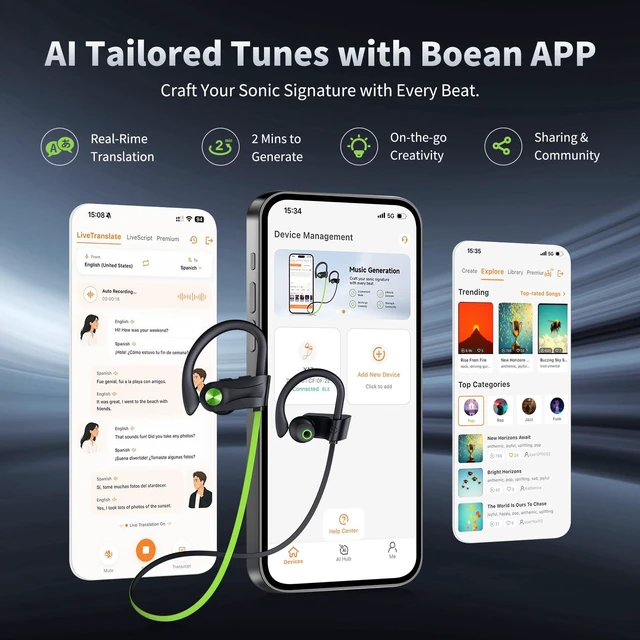 Alt view image 7 of 7 - Bluetooth Headphones, Wireless Earbuds IPX7 Waterproof for Gym | Bluetooth 5.3 Headphones with 16Hrs Playtime Stereo Bass Headsets with Mic Running Headsets with Earhooks for Sports Running