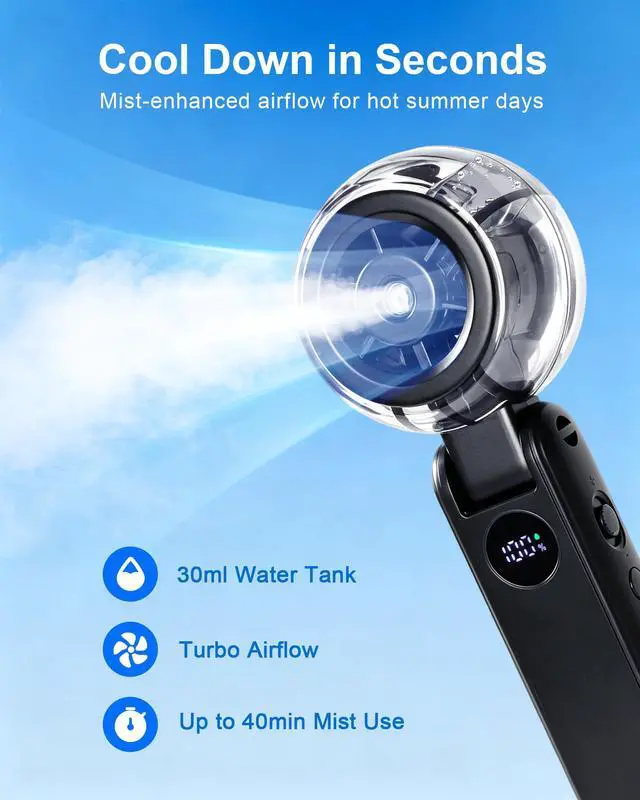 Alt view image 2 of 7 - Portable Handheld Fan with Mist, Foldable Long-lasting Rechargeable Personal Desk Fan, 1-100 Variable Speeds Small Cooling Spray Fan with Lanyard, Wearable Neck Fan for Travel, Office, Black