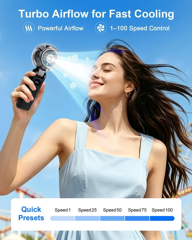 Alt view image 3 of 7 - Portable Handheld Fan with Mist, Foldable Long-lasting Rechargeable Personal Desk Fan, 1-100 Variable Speeds Small Cooling Spray Fan with Lanyard, Wearable Neck Fan for Travel, Office, Black