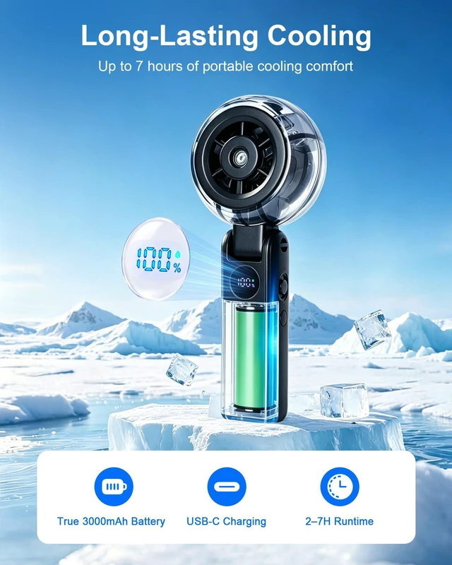 Alt view image 4 of 7 - Portable Handheld Fan with Mist, Foldable Long-lasting Rechargeable Personal Desk Fan, 1-100 Variable Speeds Small Cooling Spray Fan with Lanyard, Wearable Neck Fan for Travel, Office, Black