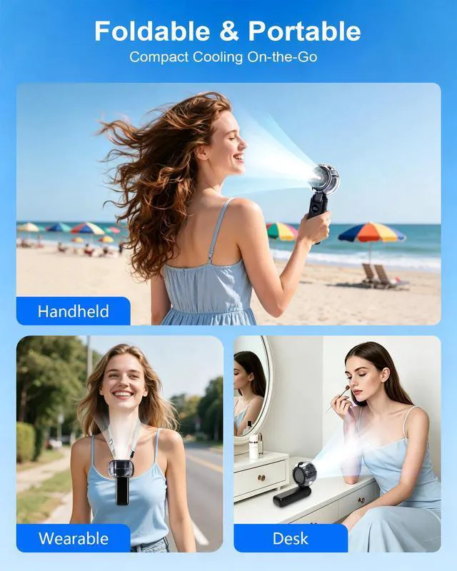 Alt view image 5 of 7 - Portable Handheld Fan with Mist, Foldable Long-lasting Rechargeable Personal Desk Fan, 1-100 Variable Speeds Small Cooling Spray Fan with Lanyard, Wearable Neck Fan for Travel, Office, Black