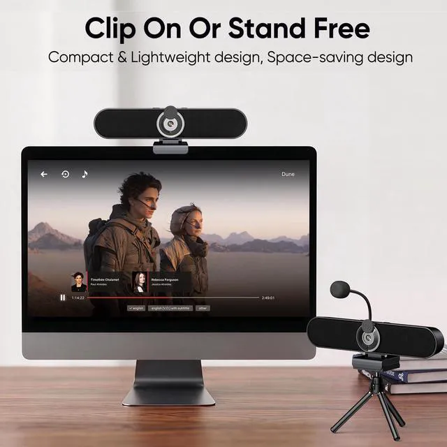 Alt view image 2 of 7 - 2K Webcam Computer Speaker with Microphone, Privacy Shutter, Clip-On | USB Computer Camera Speaker for Desktop PC w/90° FOV, Detachable Mic, Adjustable Tripod, USB A-to-C for Zoom, Teams, Meet