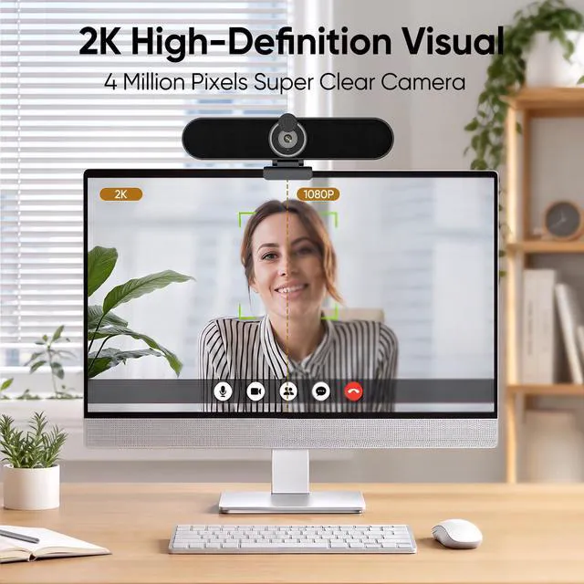 Alt view image 3 of 7 - 2K Webcam Computer Speaker with Microphone, Privacy Shutter, Clip-On | USB Computer Camera Speaker for Desktop PC w/90° FOV, Detachable Mic, Adjustable Tripod, USB A-to-C for Zoom, Teams, Meet