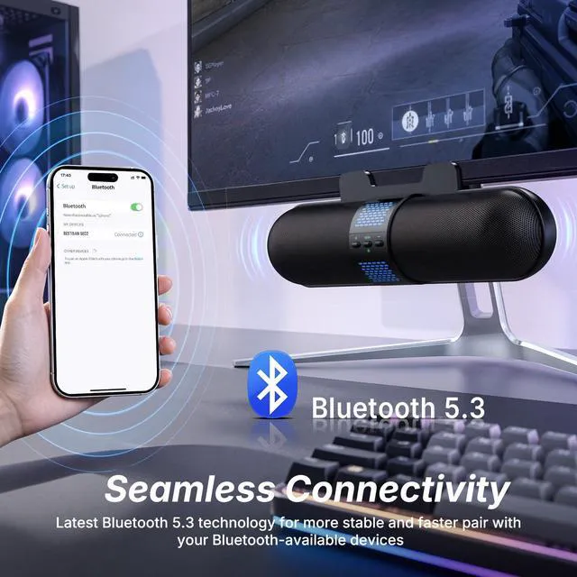Alt view image 6 of 7 - Computer Speaker, 2026 Upgraded with Auto L/R Swap (G-Sensor), Bluetooth 5.3/USB A/C Connection, 6 RGB Light Modes, Gaming Soundbar for PC/Laptop/Desktop, Clamps to Monitor, Easy Controls