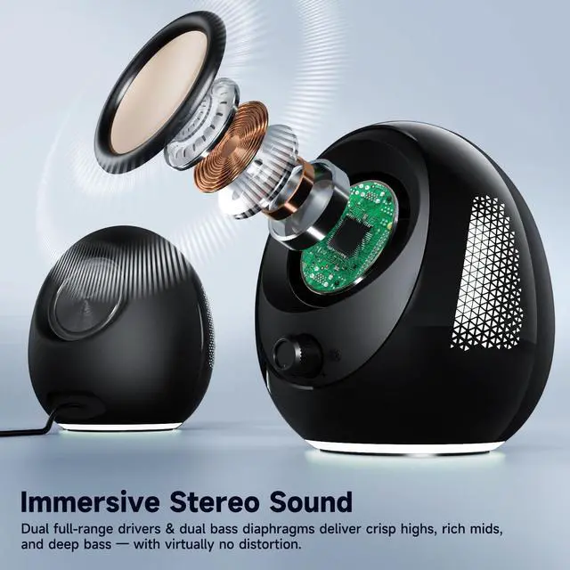 Alt view image 2 of 7 - Computer Speakers, 20W Peak Power Bluetooth 5.4, USB & USB-C Powered PC Speakers with 9 RGB Light Modes, Gaming Desktop Speakers, Plug & Play Stereo & Enhanced Bass for Laptop Desktop Monitor