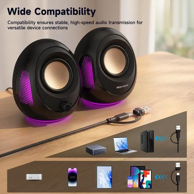 Alt view image 5 of 7 - Computer Speakers, 20W Peak Power Bluetooth 5.4, USB & USB-C Powered PC Speakers with 9 RGB Light Modes, Gaming Desktop Speakers, Plug & Play Stereo & Enhanced Bass for Laptop Desktop Monitor