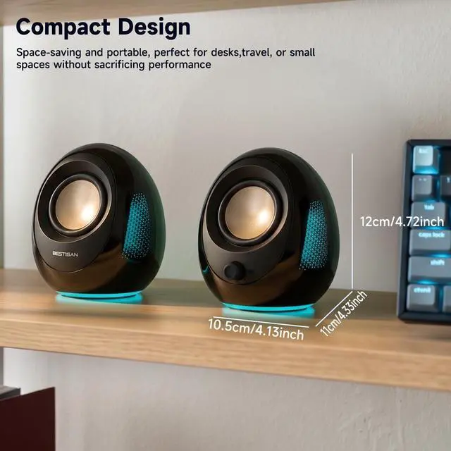 Alt view image 6 of 7 - Computer Speakers, 20W Peak Power Bluetooth 5.4, USB & USB-C Powered PC Speakers with 9 RGB Light Modes, Gaming Desktop Speakers, Plug & Play Stereo & Enhanced Bass for Laptop Desktop Monitor