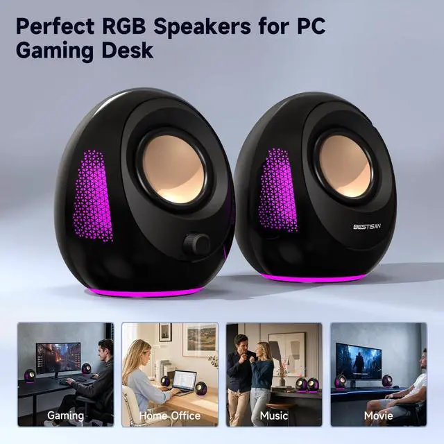 Alt view image 7 of 7 - Computer Speakers, 20W Peak Power Bluetooth 5.4, USB & USB-C Powered PC Speakers with 9 RGB Light Modes, Gaming Desktop Speakers, Plug & Play Stereo & Enhanced Bass for Laptop Desktop Monitor