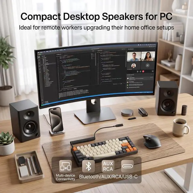 Alt view image 2 of 7 - Audio Powered Computer Speakers for Gaming & Music, Black Pair | Active 60W Wood Finish Stereo Audio, w/ Bass, Bluetooth 5.3, USB-C/RCA/AUX, for Desktop PC, Monitor, Laptop, Record Player