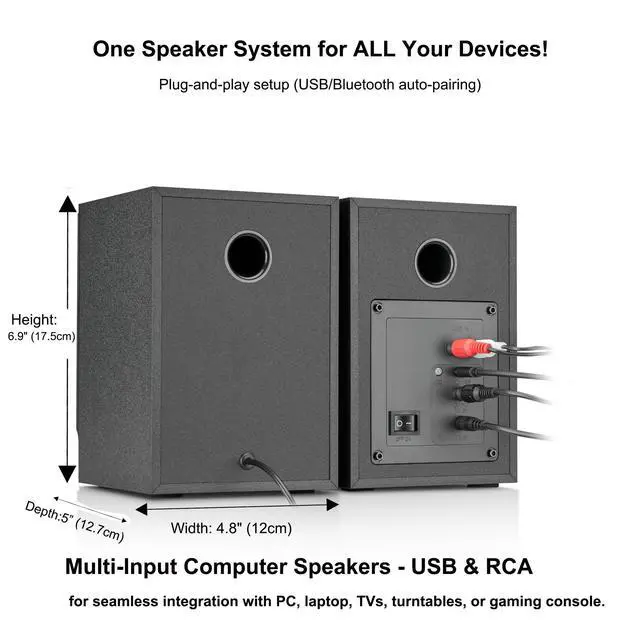 Alt view image 4 of 7 - Audio Powered Computer Speakers for Gaming & Music, Black Pair | Active 60W Wood Finish Stereo Audio, w/ Bass, Bluetooth 5.3, USB-C/RCA/AUX, for Desktop PC, Monitor, Laptop, Record Player