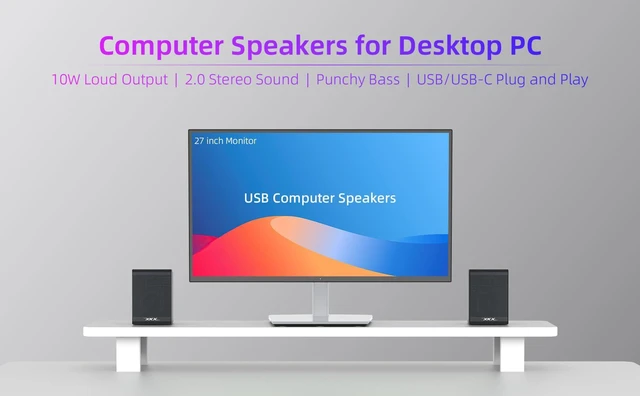 Alt view image 2 of 7 - Computer Speakers for Desktop PC, External Speakers for Laptop Monitor, USB Plug-N-Play, Wired, Desk PC Gaming Speakers with 2.0 Stereo Loud Sound, Punchy Bass, Switchable L/R Channels, Volume Knob