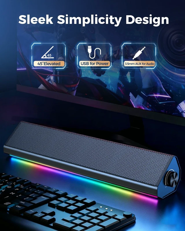 Alt view image 6 of 7 - Computer Speakers for PC and Laptop, Under Monitor Sound Bar, Black | Wired USB power, 3.5mm aux audio, slim under-monitor design, USB-C adapter, for PC laptop office gaming