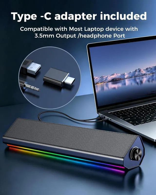 Alt view image 5 of 7 - Computer Speakers for PC and Laptop, Under Monitor Sound Bar, Black | Wired USB power, 3.5mm aux audio, slim under-monitor design, USB-C adapter, for PC laptop office gaming