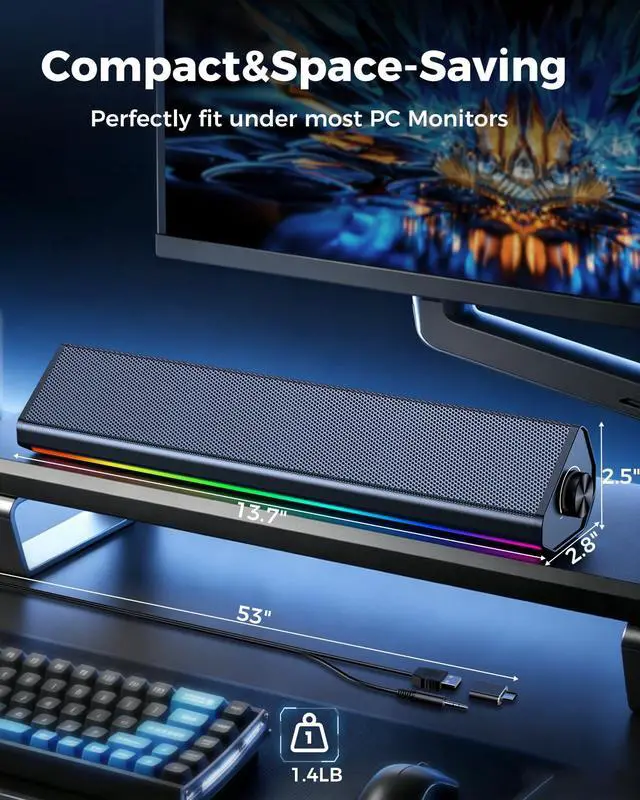 Alt view image 7 of 7 - Computer Speakers for PC and Laptop, Under Monitor Sound Bar, Black | Wired USB power, 3.5mm aux audio, slim under-monitor design, USB-C adapter, for PC laptop office gaming