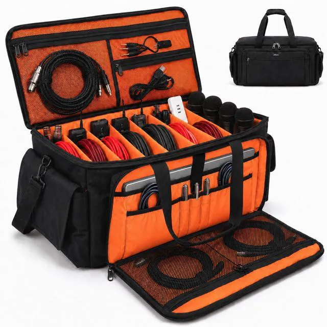 Main image of Large DJ Cable Bag Organizer with Laptop Pocket & Adjustable Dividers | Dj Bag for Equipment and Music Accessories, Travel Gig Bag for Professional DJ Gear, Musical Instrument, Orange