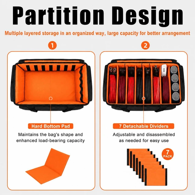 Alt view image 2 of 7 - Large DJ Cable Bag Organizer with Laptop Pocket & Adjustable Dividers | Dj Bag for Equipment and Music Accessories, Travel Gig Bag for Professional DJ Gear, Musical Instrument, Orange