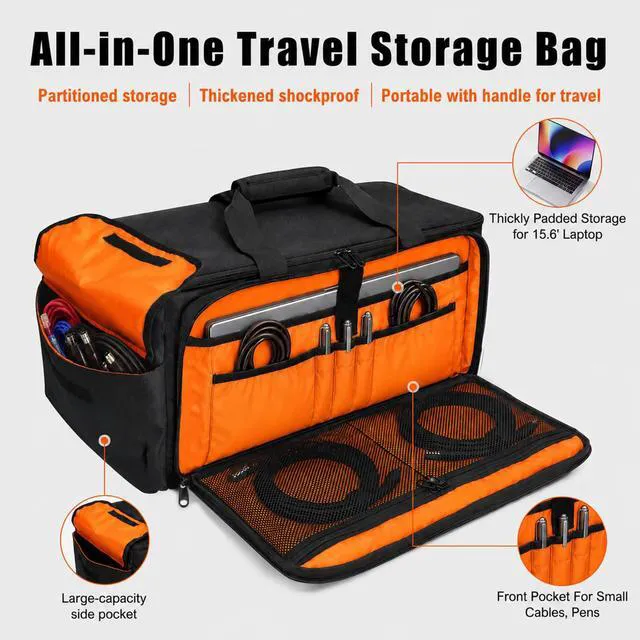 Alt view image 3 of 7 - Large DJ Cable Bag Organizer with Laptop Pocket & Adjustable Dividers | Dj Bag for Equipment and Music Accessories, Travel Gig Bag for Professional DJ Gear, Musical Instrument, Orange