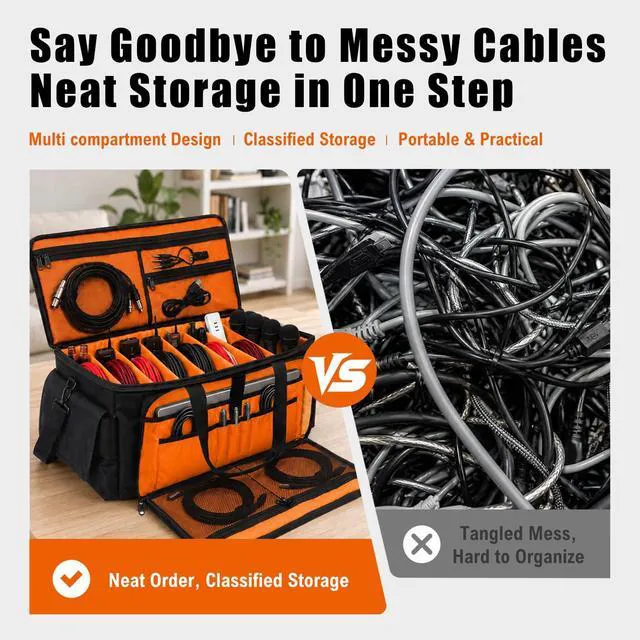 Alt view image 4 of 7 - Large DJ Cable Bag Organizer with Laptop Pocket & Adjustable Dividers | Dj Bag for Equipment and Music Accessories, Travel Gig Bag for Professional DJ Gear, Musical Instrument, Orange