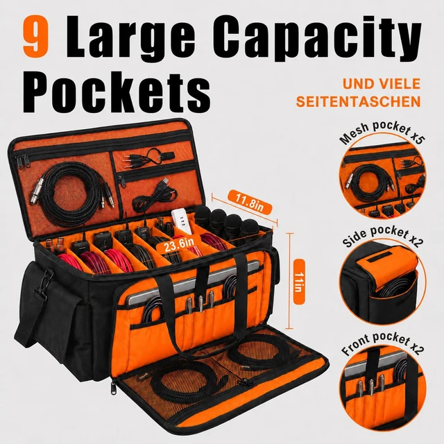 Alt view image 5 of 7 - Large DJ Cable Bag Organizer with Laptop Pocket & Adjustable Dividers | Dj Bag for Equipment and Music Accessories, Travel Gig Bag for Professional DJ Gear, Musical Instrument, Orange