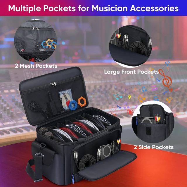 Alt view image 3 of 7 - Large DJ Cable File Bag with Multi-Compartment & Pocket for Music Equipment | Large Capacity with 8 Detachable Dividers, Soft Thick Padded, Multi-pocket, Adjustable Shoulder Strap and Carry Handle