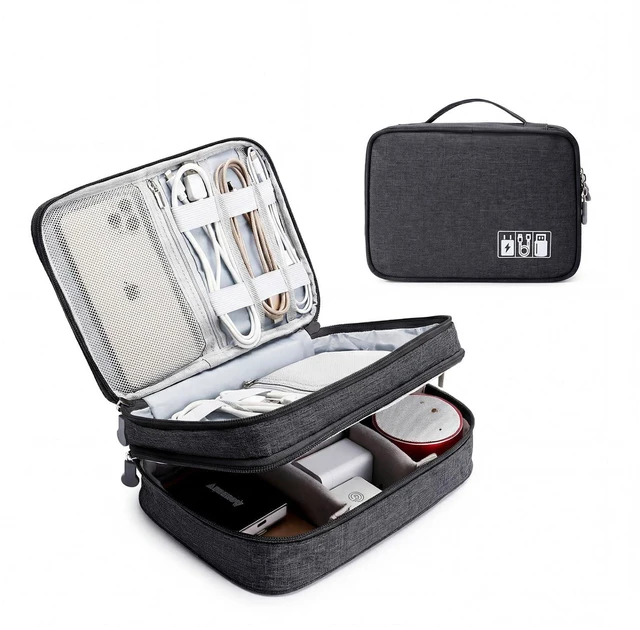 Main image of Travel Cable Organizer Bag, Electronic Accessories Case Portable Double Layer Cable Storage Bag for Cord, Charger, Flash Drive, Phone, SD Card,Personal Items - (Black)