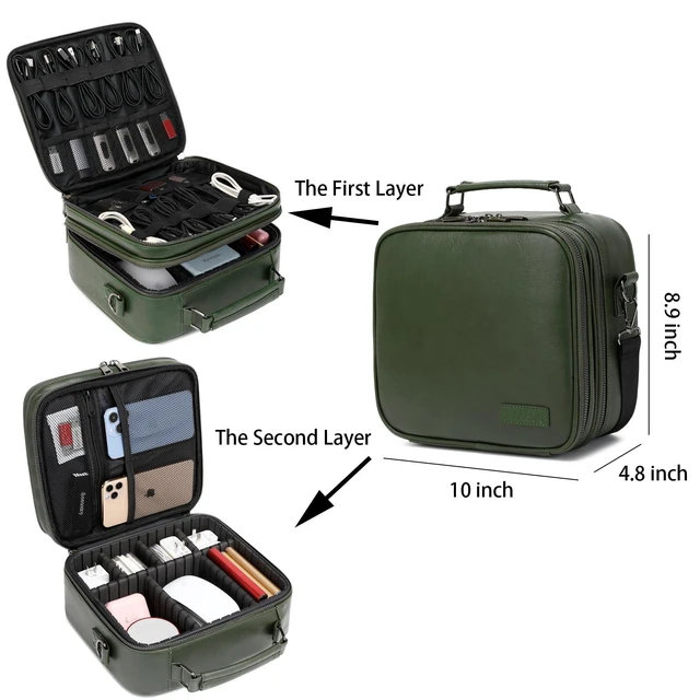 Alt view image 3 of 6 - Electronics Travel Organizer, Large Electronic Accessories Cable Case with Adjustable Dividers, Waterproof Tech Storage Bag Gifts with Double Layers for Cord, Charger, Power Bank - Olive Green