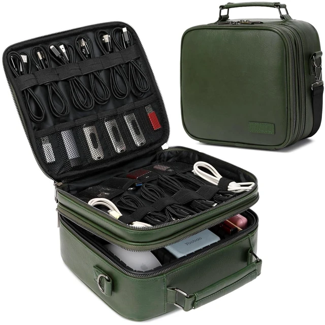 Main image of Electronics Travel Organizer, Large Electronic Accessories Cable Case with Adjustable Dividers, Waterproof Tech Storage Bag Gifts with Double Layers for Cord, Charger, Power Bank - Olive Green