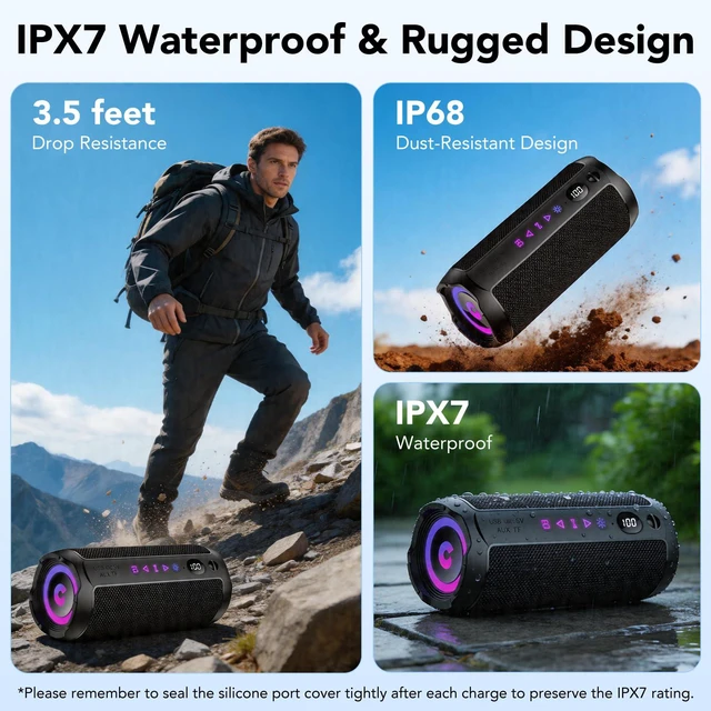 Alt view image 6 of 7 - Portable Bluetooth Speaker, Bluetooth 5.4 Speaker, Dual Speaker with LED Display, Deep Bass,25H Playtime, Colorful RGB Lights,IPX7 Waterproof,TWS pairing for Outdoor/Home/Party/Travel,Gift Ideas
