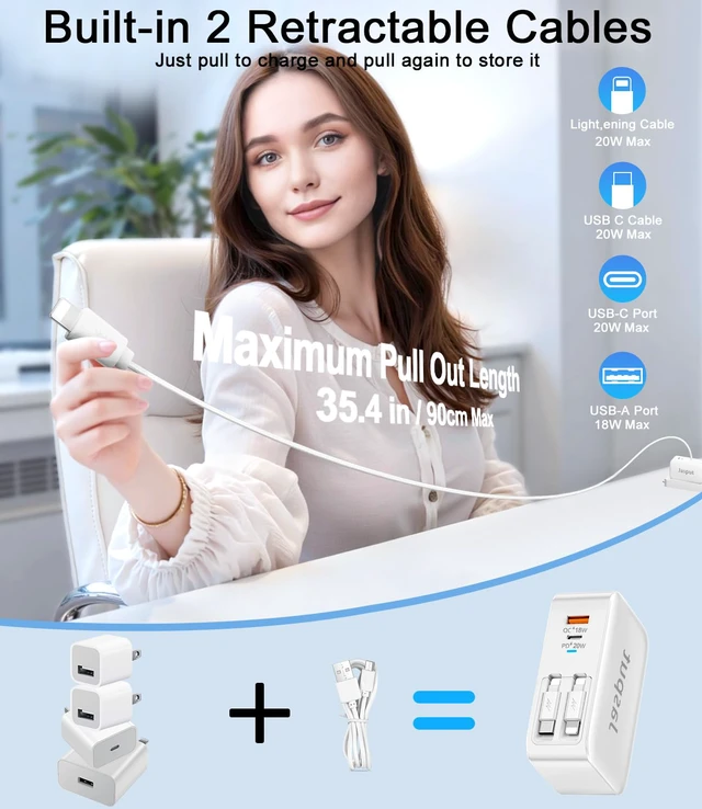 Alt view image 2 of 7 - 4 in 1 Retractable Wall Charger,40W Retractable Phone Charger Wall Plug | Foldable Plug,USBC & A Ports,20W USB C Chargers Block Fast Charging for iPhone 17 16 15 14 13,LG,Galaxy S25 S24 23,Pixel,LG