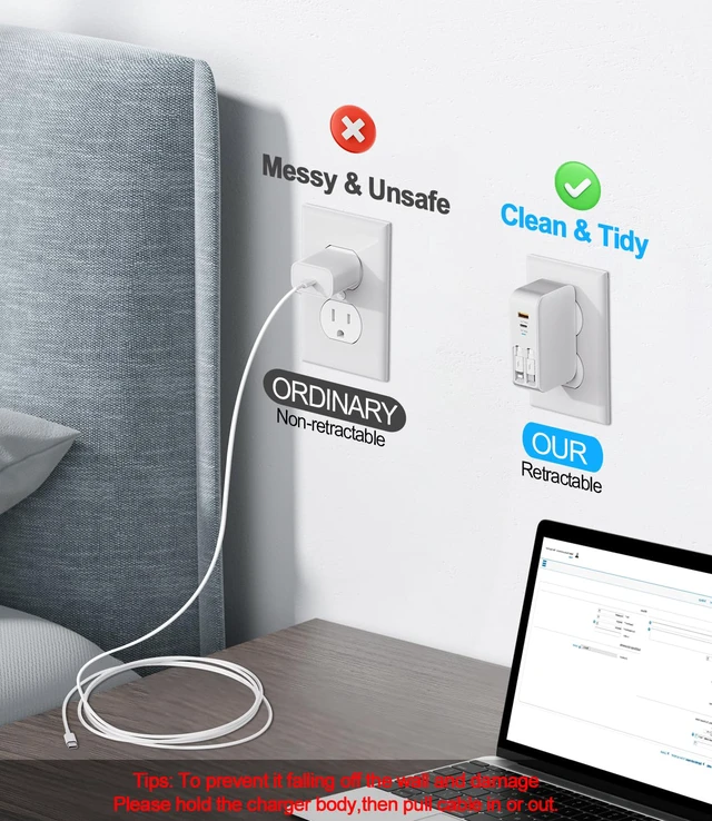 Alt view image 7 of 7 - 4 in 1 Retractable Wall Charger,40W Retractable Phone Charger Wall Plug | Foldable Plug,USBC & A Ports,20W USB C Chargers Block Fast Charging for iPhone 17 16 15 14 13,LG,Galaxy S25 S24 23,Pixel,LG